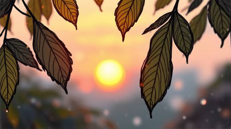 Immerse yourself in a captivating visual experience with a hand-drawn sketch showcasing a sunset reflected in raindrops on le