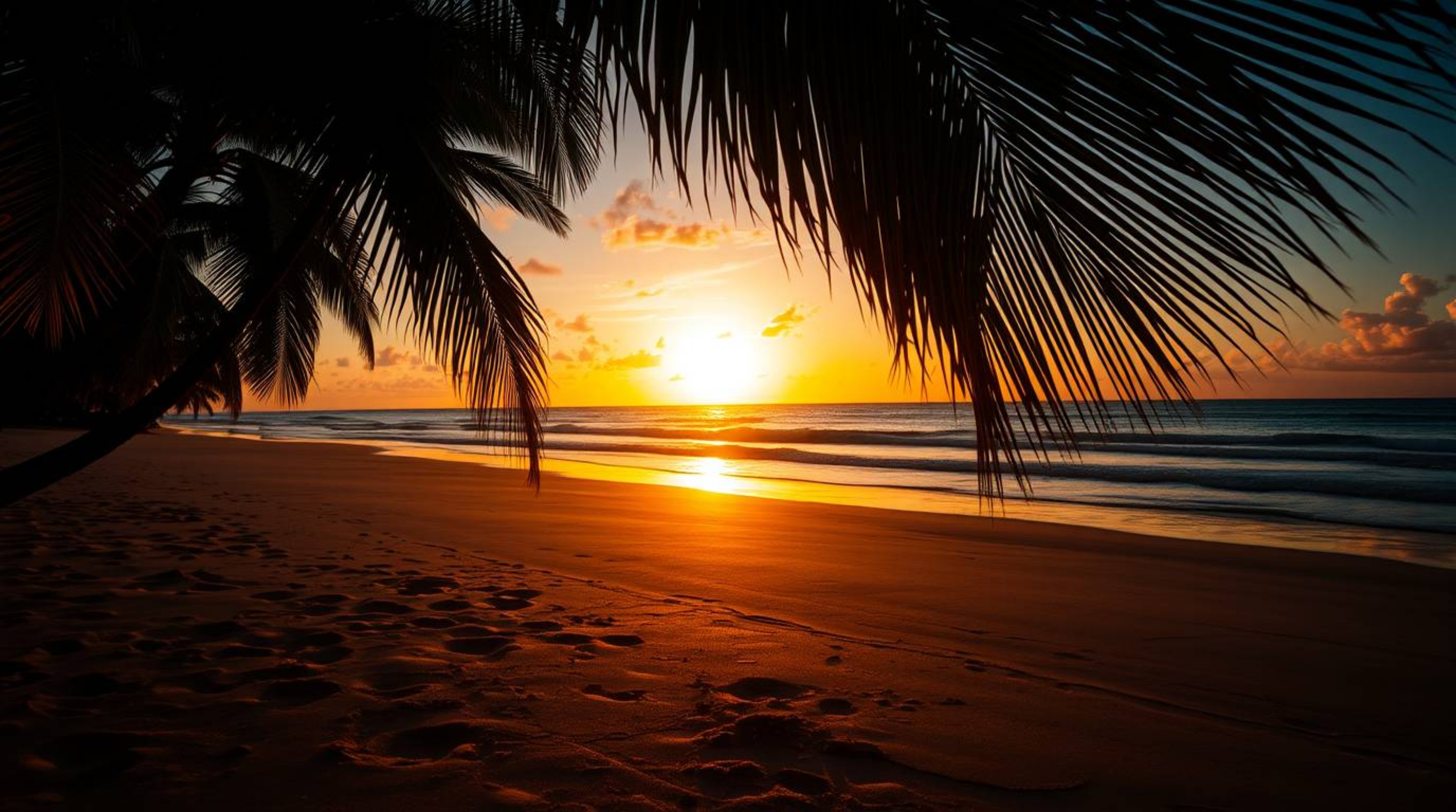 Experience the captivating beauty of a tropical beach sunset. High-contrast, low-key lighting creates dramatic shadows and en