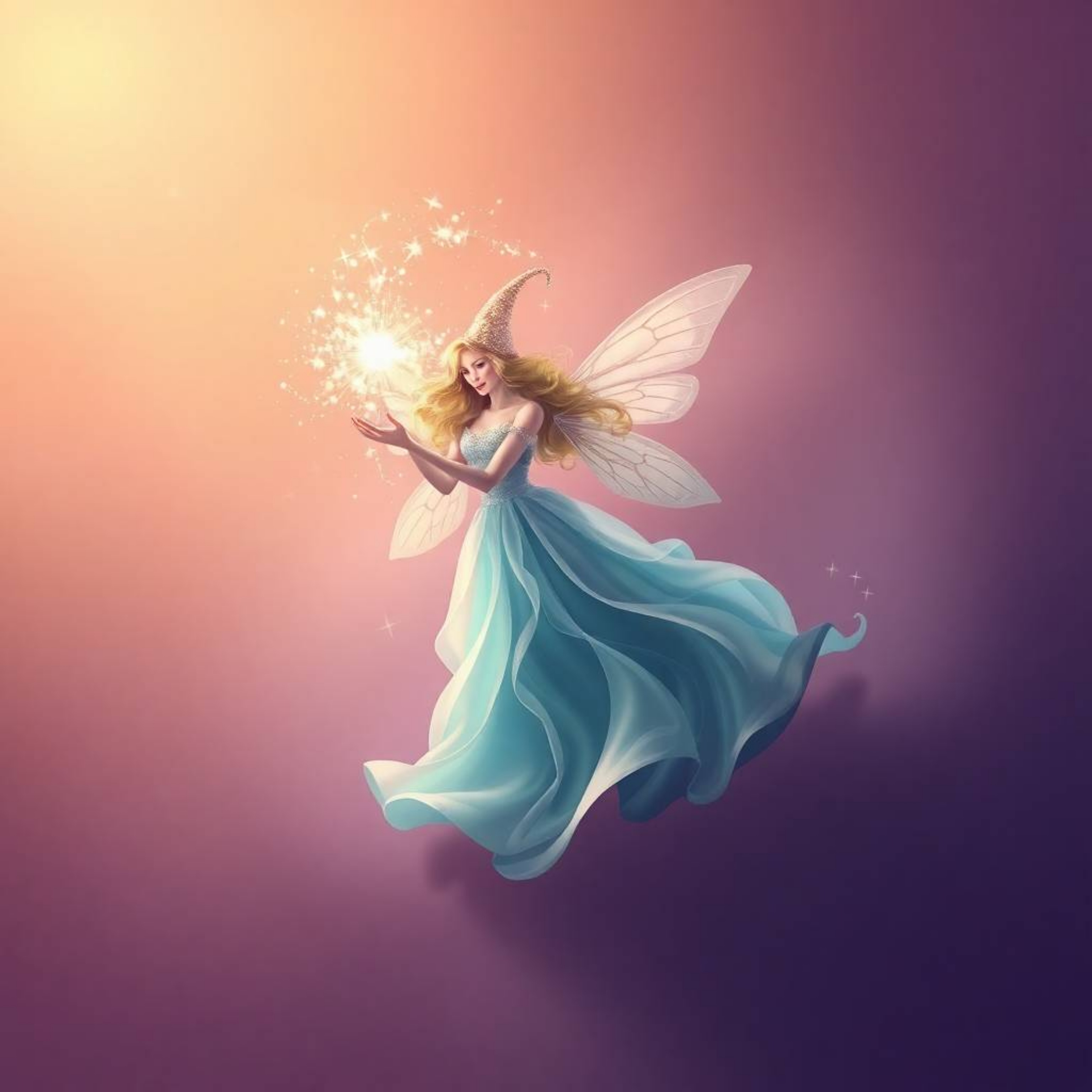 A visually stunning image showcasing a fairy godmother's ethereal entrance, emerging from a vibrant swirl of sparkles. The ar