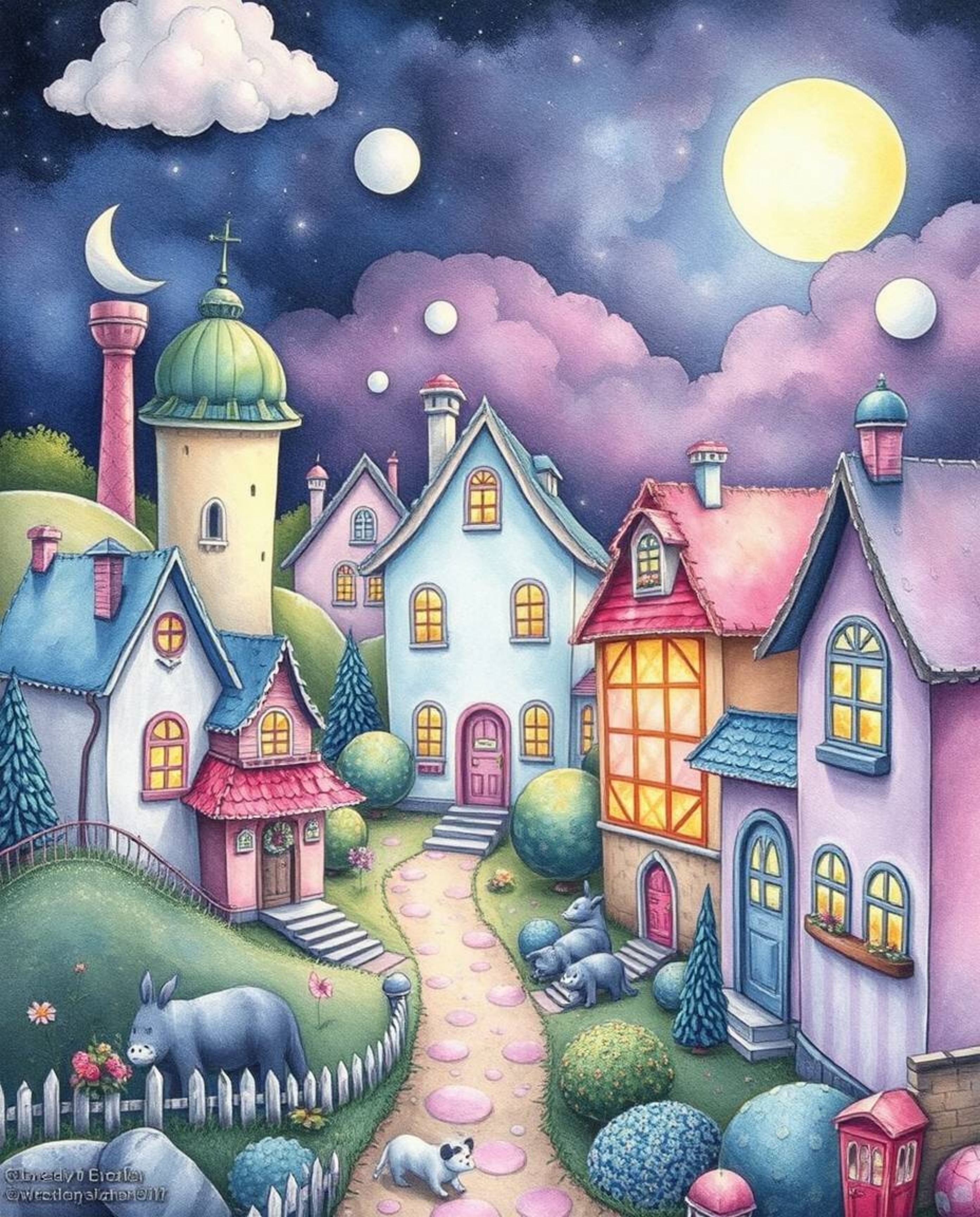 Discover a whimsical watercolor painting of a sleepy town featuring pastel-colored houses and fantastical elements.  This cha