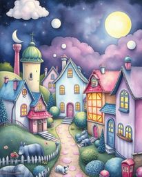 Discover a whimsical watercolor painting of a sleepy town featuring pastel-colored houses and fantastical elements.  This cha