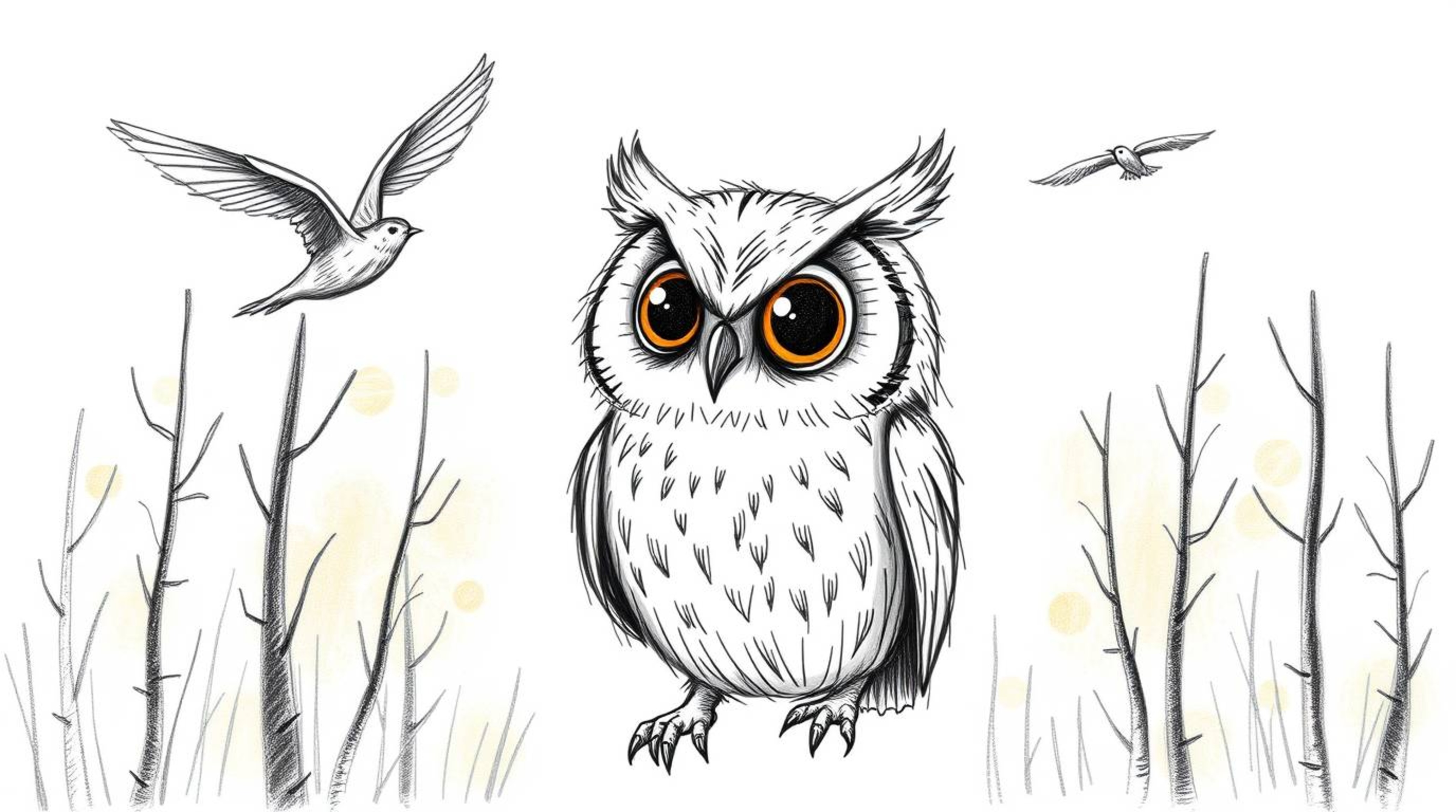 A heartwarming illustration in the style of Pixar, depicting a blind owl with expressive eyes, gently guiding birds in flight