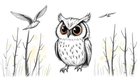 A heartwarming illustration in the style of Pixar, depicting a blind owl with expressive eyes, gently guiding birds in flight