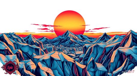 A vibrant, heroic-scale print depicting a retro-style sunset over icy glaciers.  The artwork incorporates symbolic traditiona