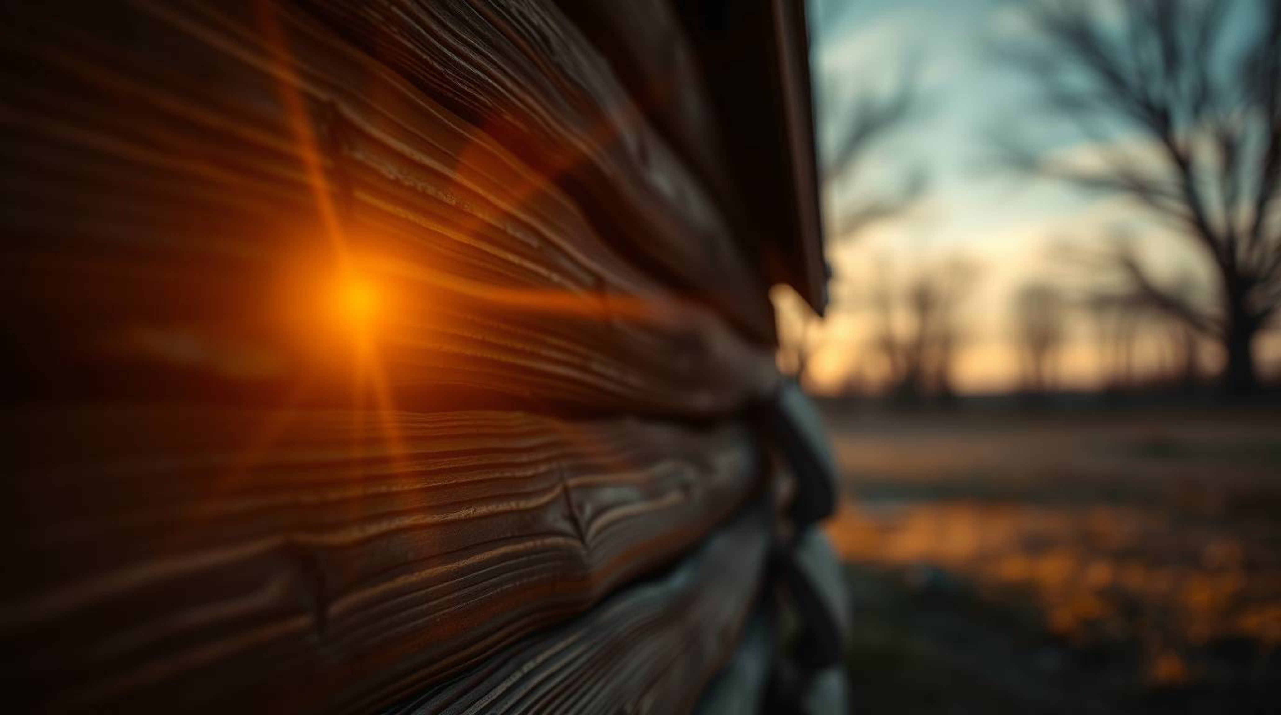 A professional fine art photograph showcasing an extreme macro close-up of an old wooden cabin's details at sunset, captured 