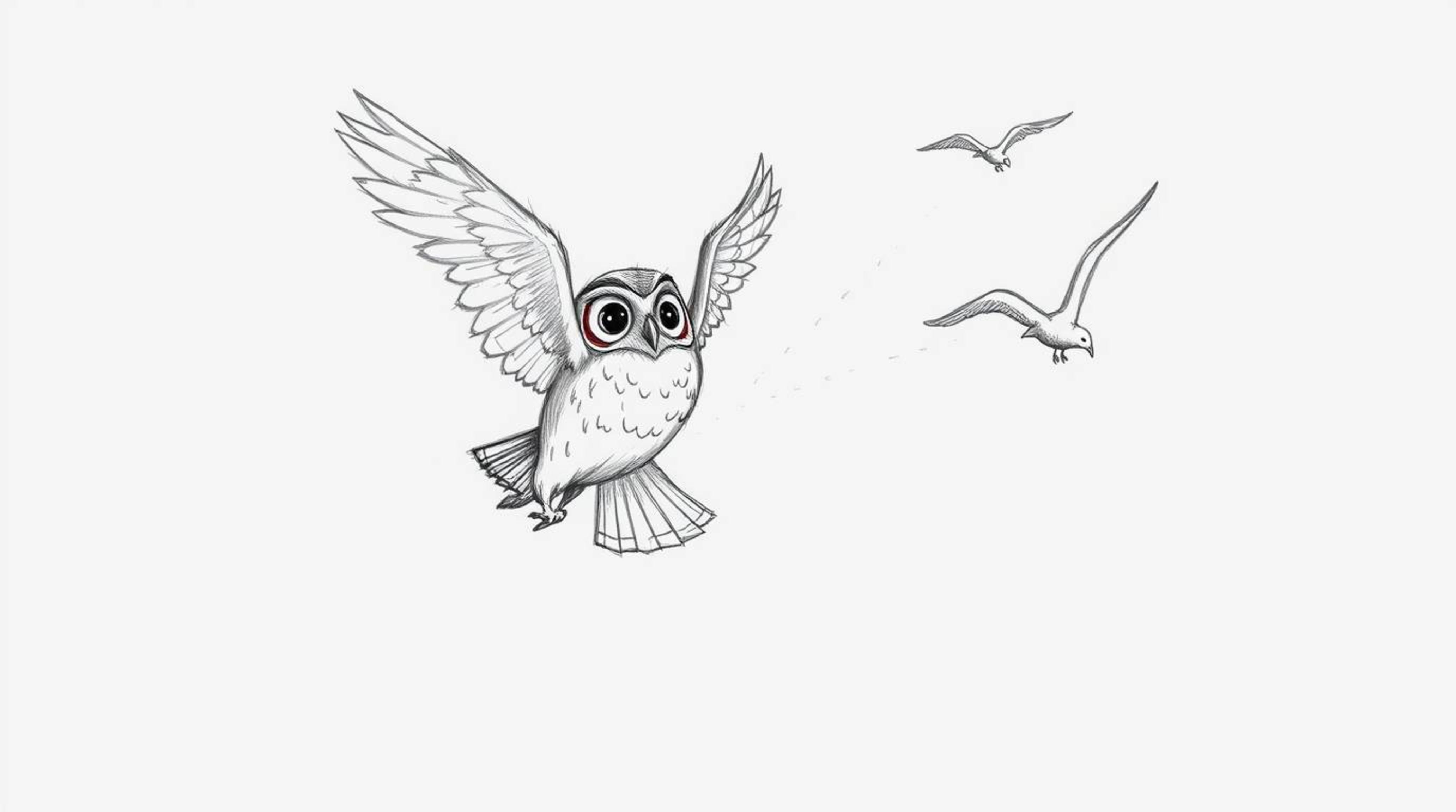 A Pixar-style, hand-drawn sketch depicts a blind owl in mid-flight, guiding a flock of birds. The image features rough lines,