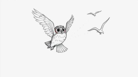 A Pixar-style, hand-drawn sketch depicts a blind owl in mid-flight, guiding a flock of birds. The image features rough lines,