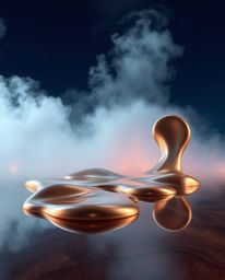 Explore a mesmerizing world where cast bronze surfaces reflect the thick, foggy surroundings of futuristic 3D fluid shapes. G