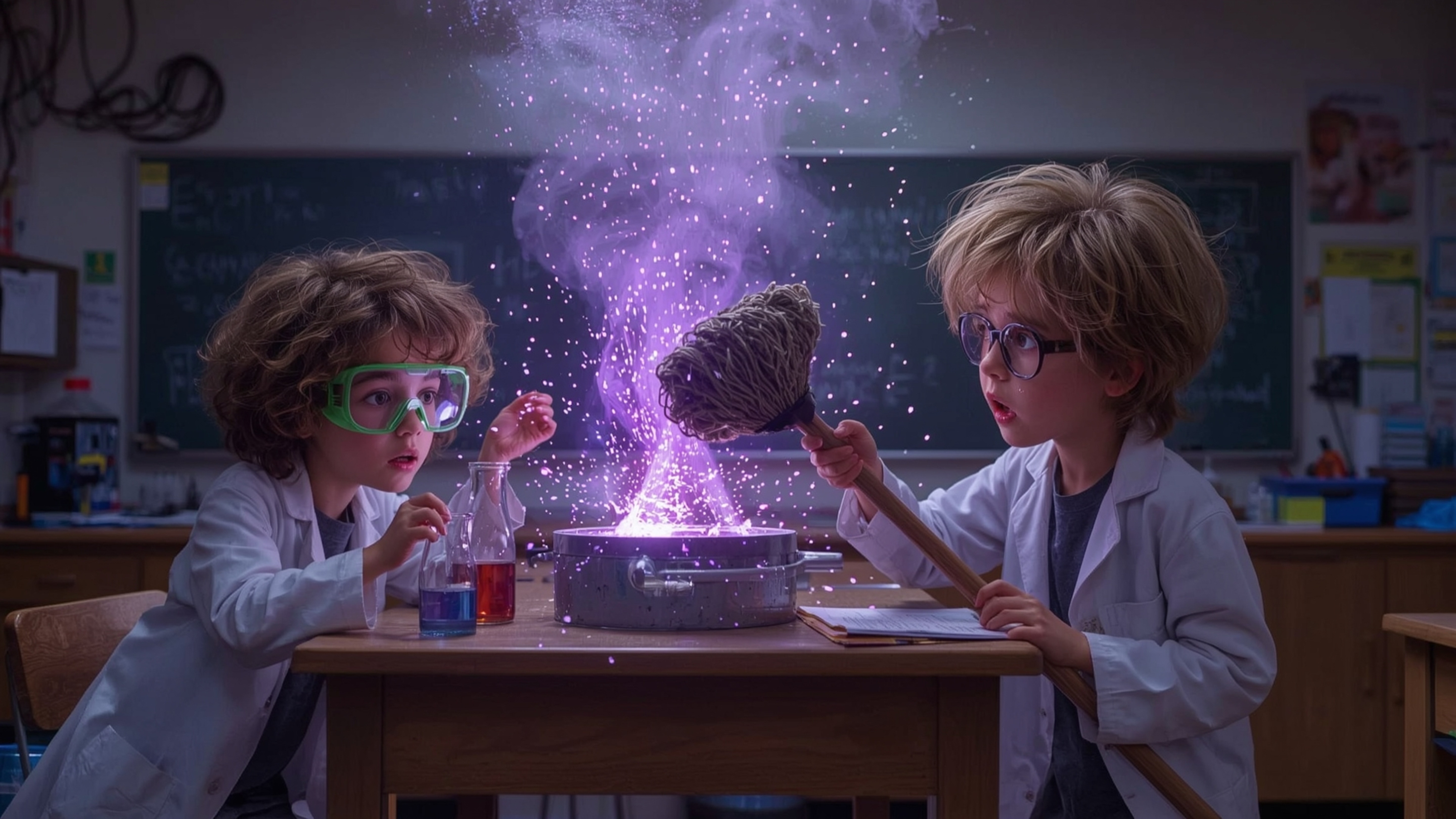 In a vibrant, high-contrast cinematic photograph with a stylized, Pixar-inspired aesthetic, two enthusiastic science fair stu