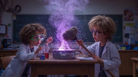 In a vibrant, high-contrast cinematic photograph with a stylized, Pixar-inspired aesthetic, two enthusiastic science fair stu