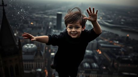 A captivating image of a young boy soaring above London, propelled by pixie dust, is rendered in intense jet black tones and 