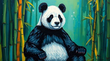 This bold acrylic painting depicts a graceful and elegant martial artist panda meditating peacefully in a vibrant bamboo fore