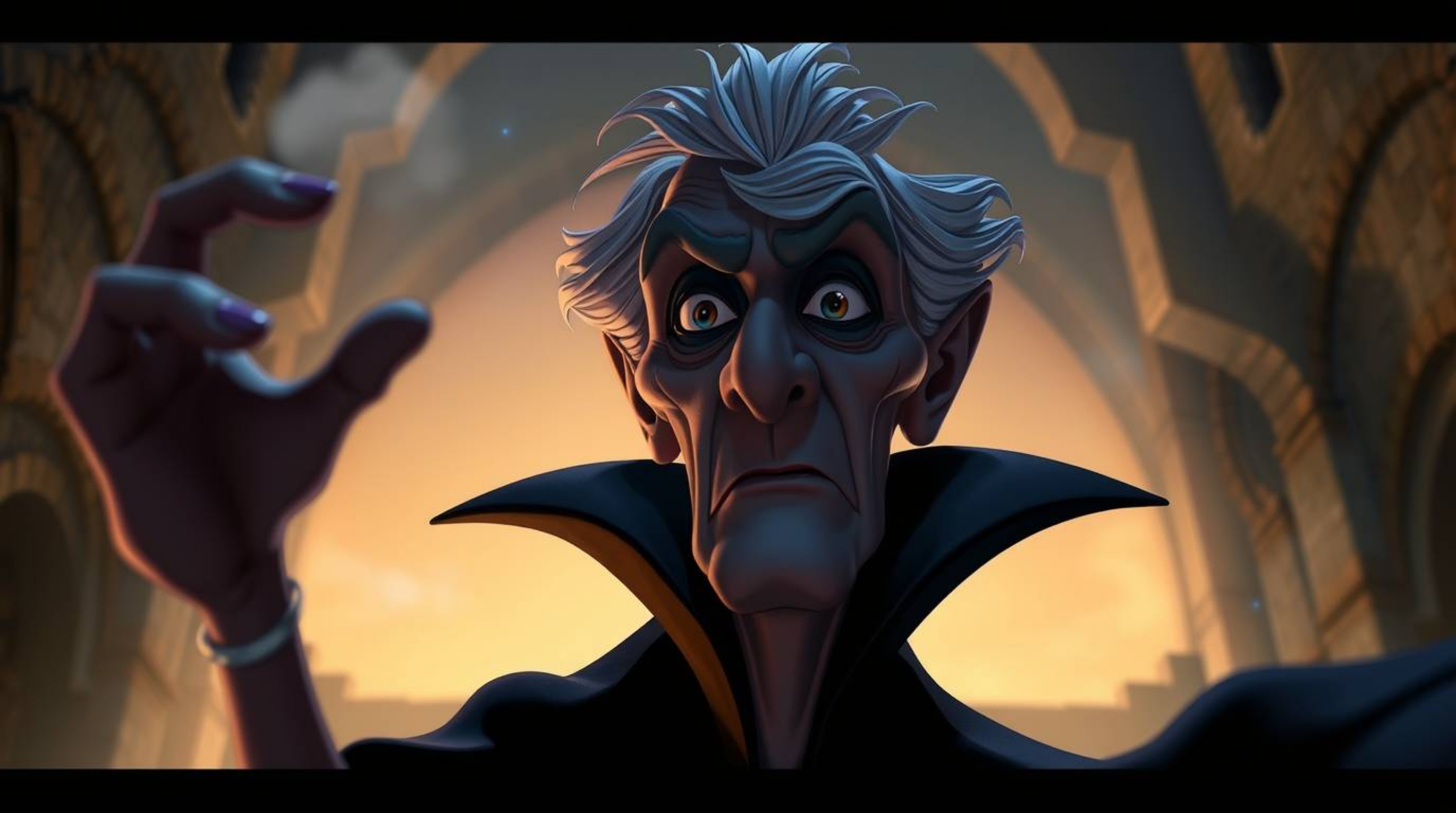 A captivating image of a classic Disney villain, their aged face and dark eyes intense as they cast a spell within an ancient