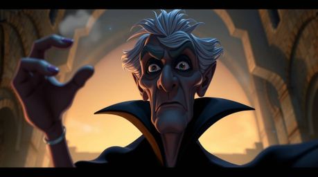 A captivating image of a classic Disney villain, their aged face and dark eyes intense as they cast a spell within an ancient