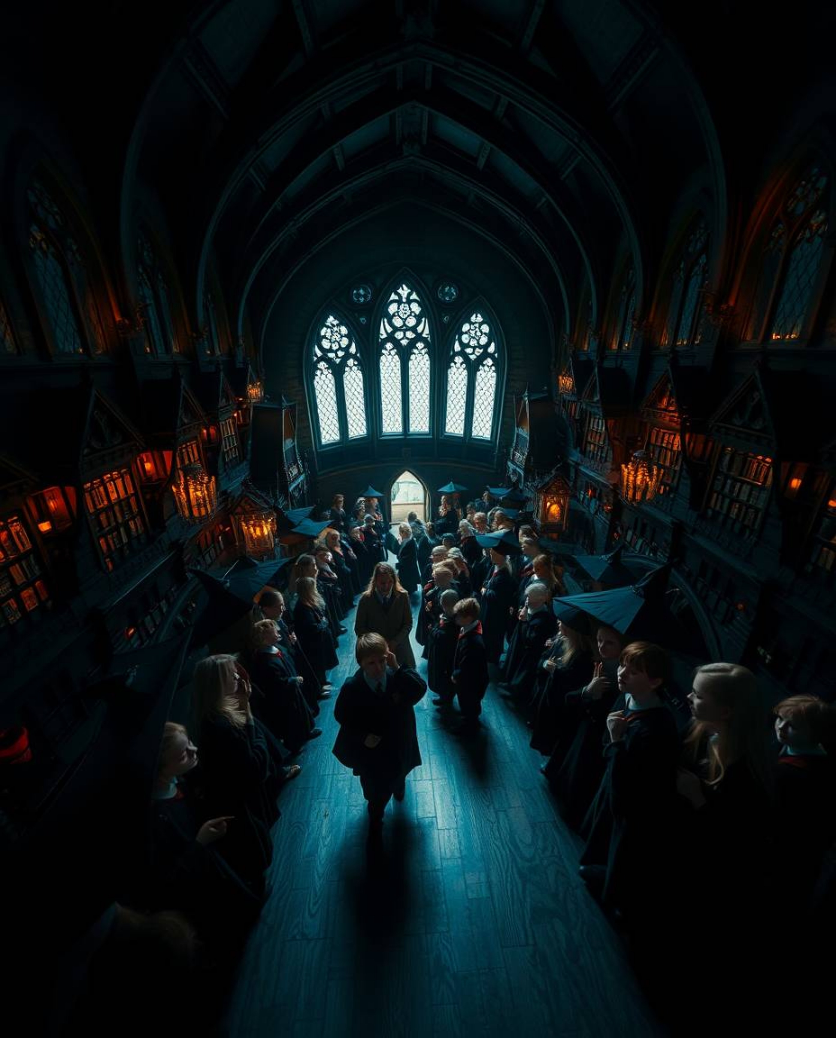 Discover a captivating high-angle view of a magical school brimming with young wizards. This image boasts high contrast, low-