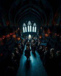 Discover a captivating high-angle view of a magical school brimming with young wizards. This image boasts high contrast, low-
