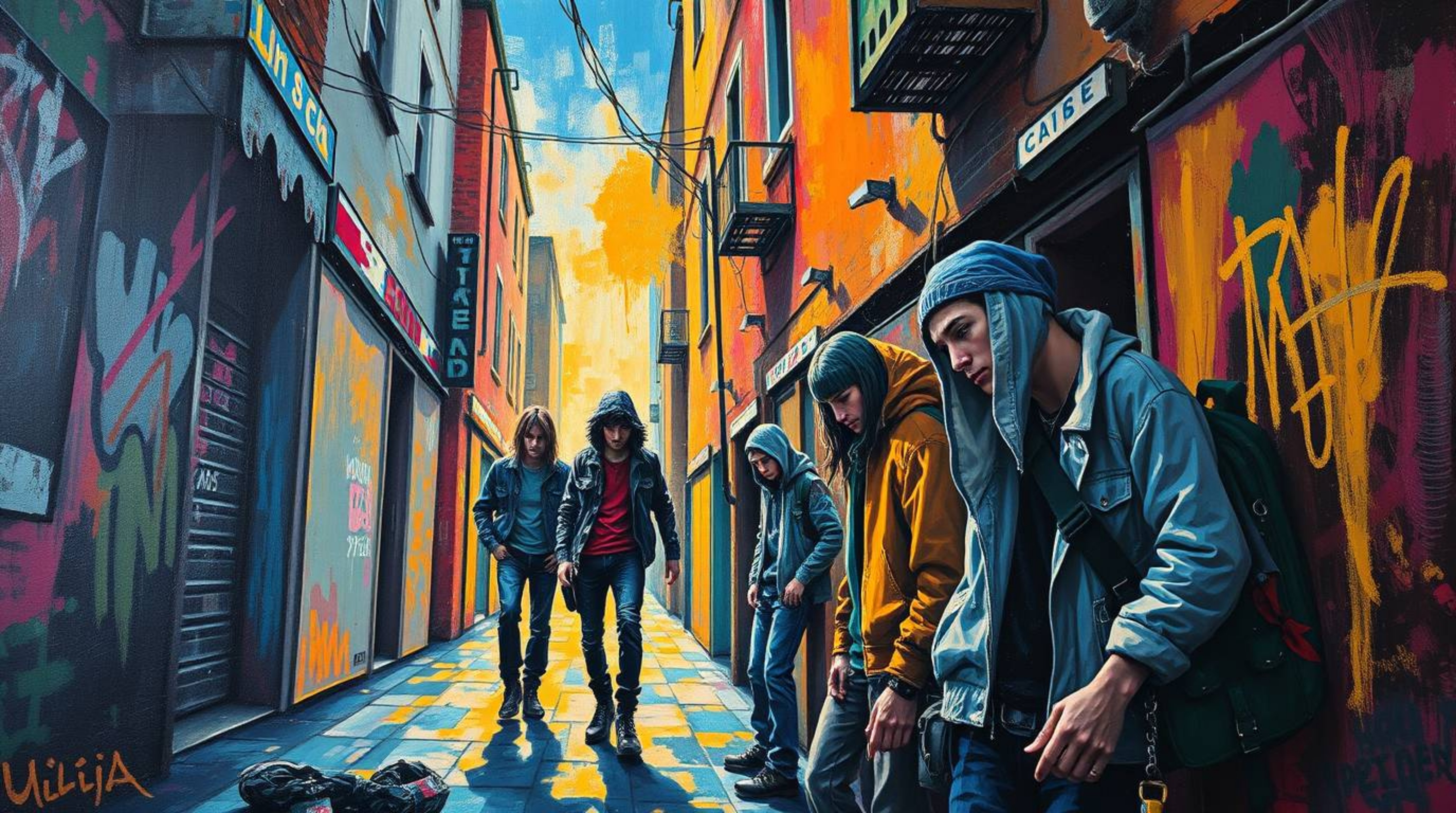 A bold acrylic painting depicts a grungy city alley teeming with rebellious teens.  The artwork showcases vibrant colors, tex