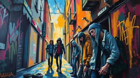 A bold acrylic painting depicts a grungy city alley teeming with rebellious teens.  The artwork showcases vibrant colors, tex