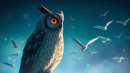 A proud, blind owl, rendered in a Pixar-style illustration, overlooks a group of birds in flight.  The image utilizes a long 