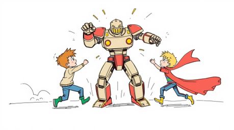This is a vibrant and dynamic color sketchnote style hand-drawn sketch depicting three superpowered children engaged in an ac