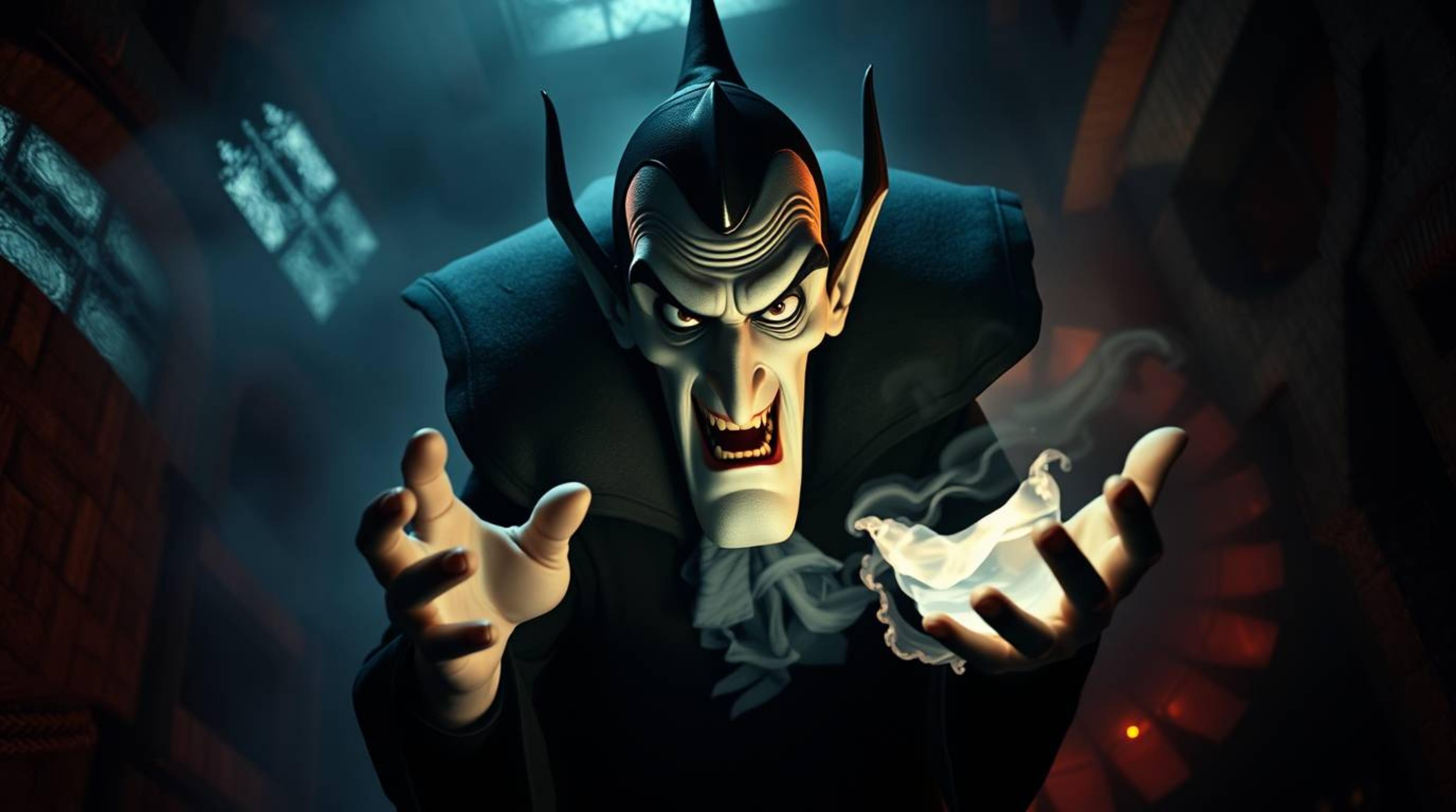 An overhead bird's-eye view captures a classic Disney villain, characterized by sharp features and pale skin, as they cast a