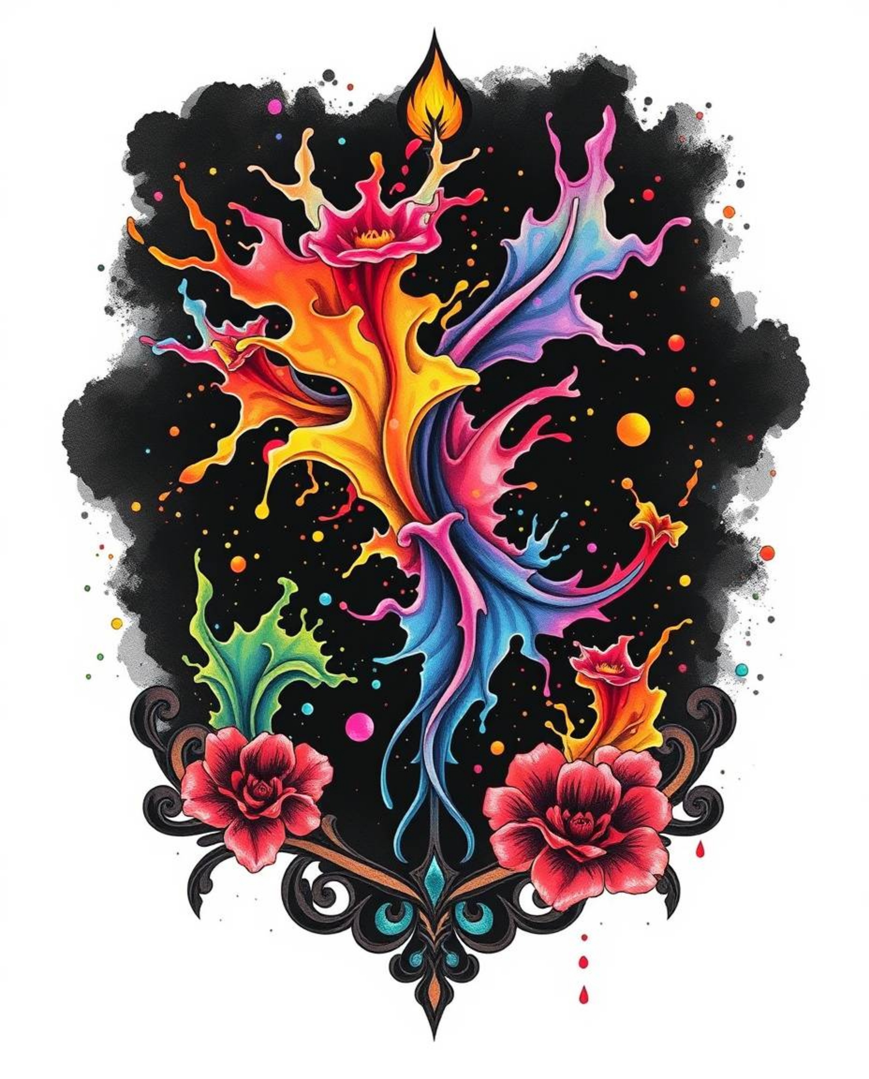 Explore a captivating collection of symbolic traditional tattoo art prints, featuring dynamic colorful splashes against a str