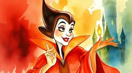 A delicate watercolor painting depicts a classic Disney villain in an unexpected light, showcasing soft features and a gentle