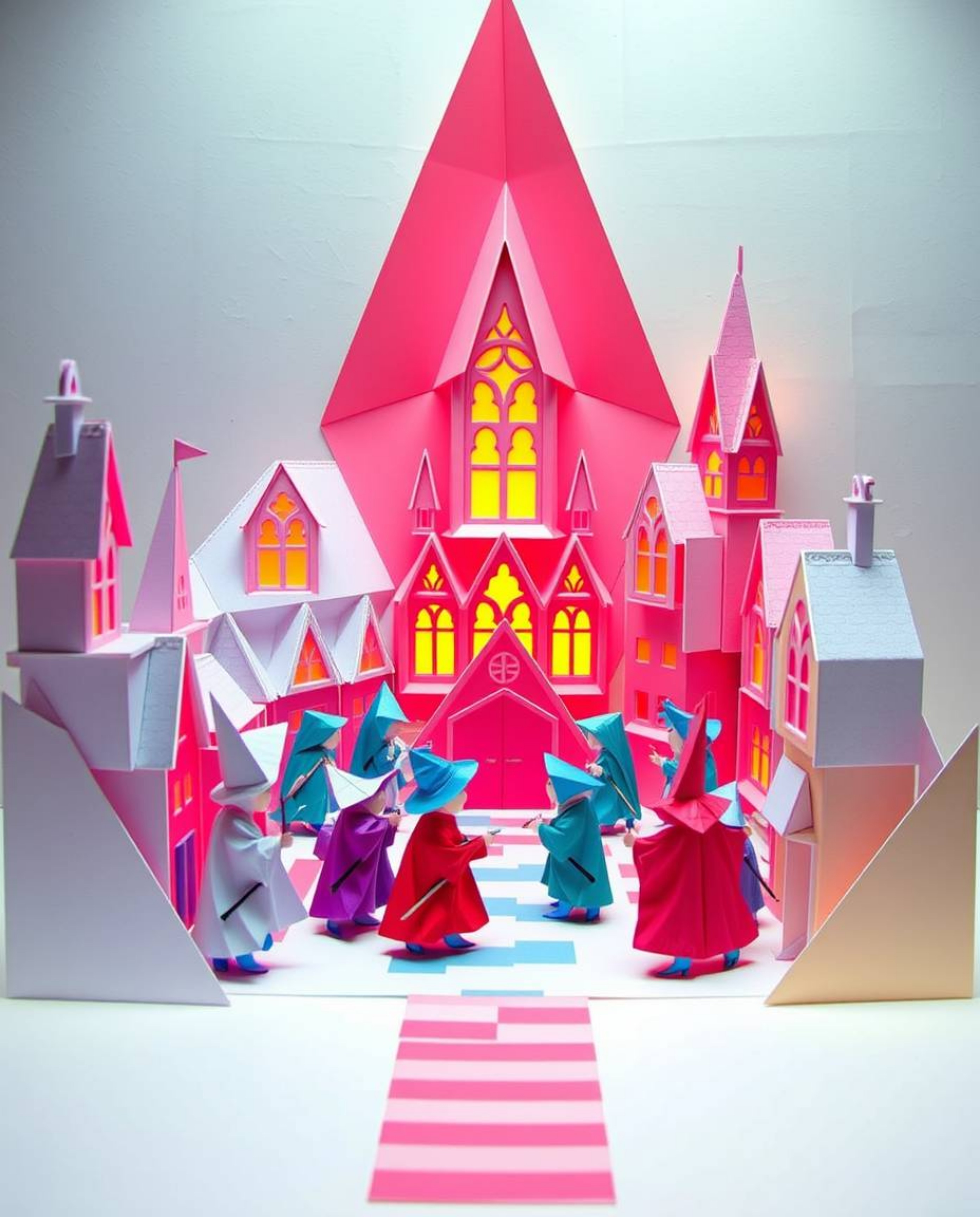 Experience a magical school teeming with young wizards, brought to life through intricate origami. The folded paper aesthetic
