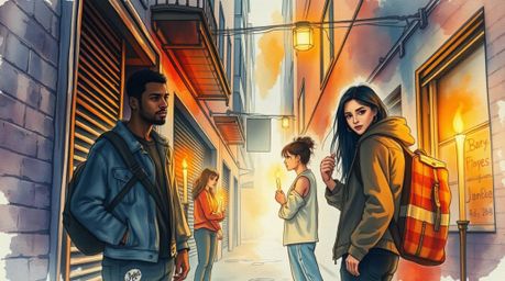 This delicate watercolor painting captures a grungy city alley illuminated by the warm glow of candlelight held by rebellious