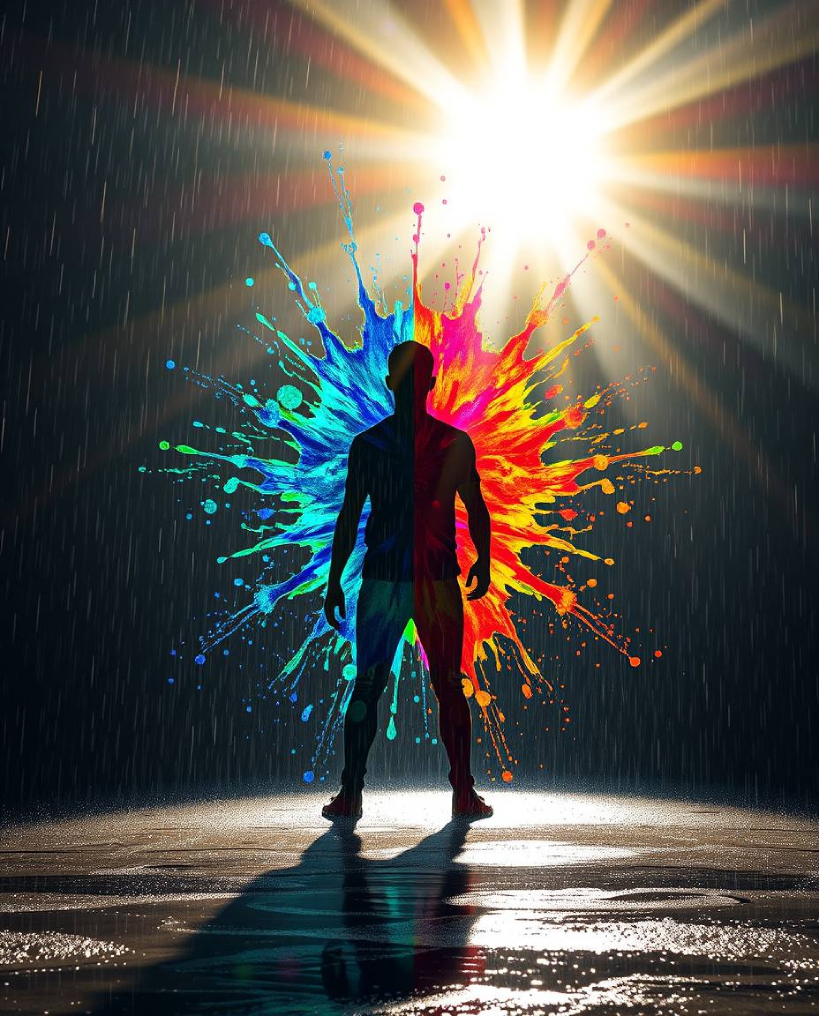 A high-resolution stock photo showcases an epic and amazing lens flare illuminating a massive scene.  A human silhouette is f