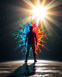 A high-resolution stock photo showcases an epic and amazing lens flare illuminating a massive scene.  A human silhouette is f