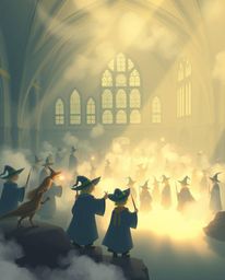 A captivating illustration depicts a magical school brimming with young wizards.  Soft lighting subtly illuminates distinct s