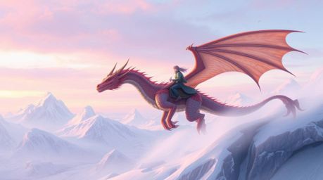 A captivating image depicting a pastel-colored dragon and its rider gently soaring above a breathtaking landscape of icy moun