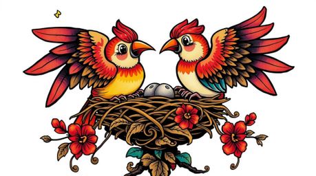A vibrant and dramatic cinematic-style print showcasing two cartoon birds constructing a nest. Rendered in a classic animati