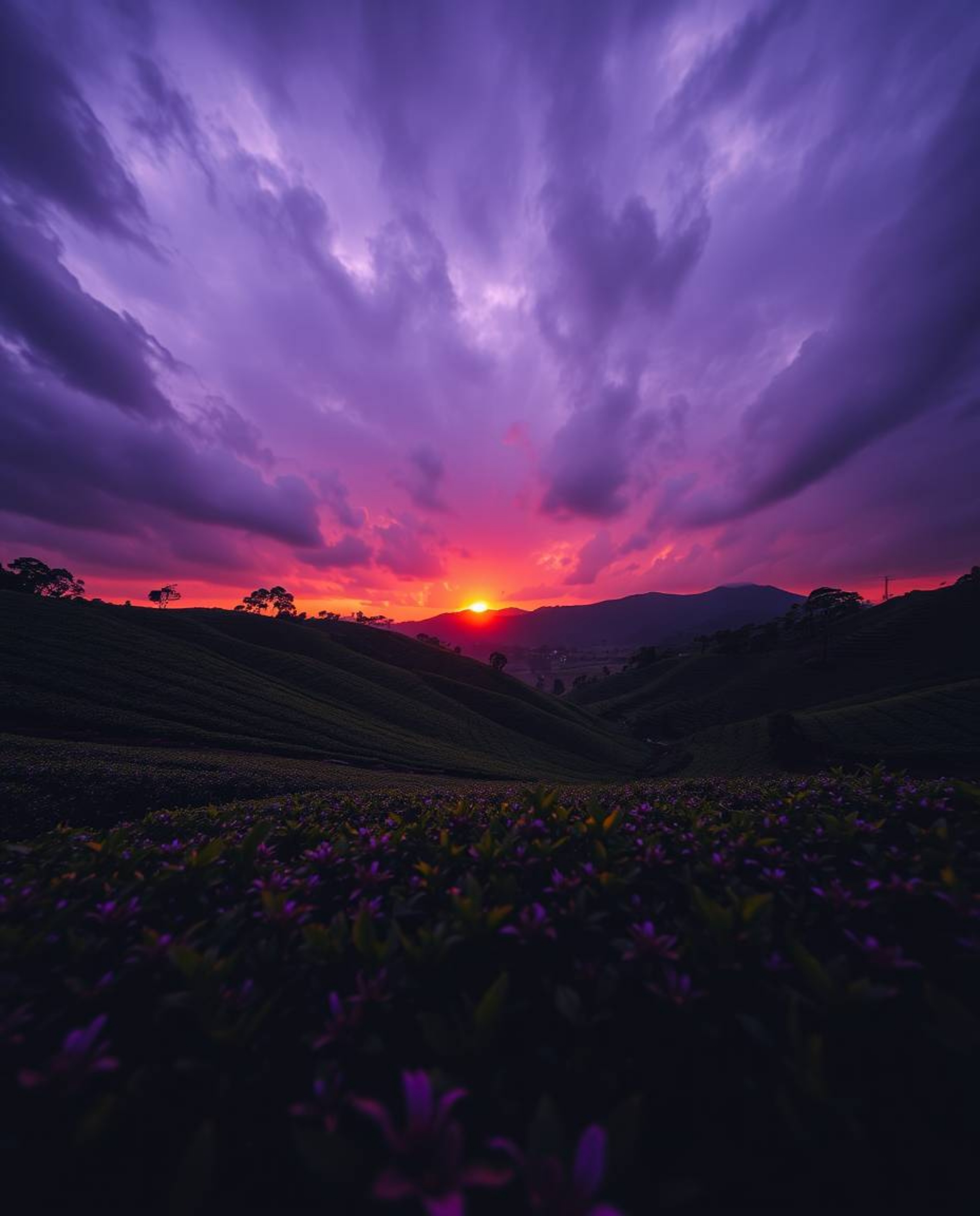 This is a dramatic, low-angle photograph capturing a sunset over terraced tea plantations beneath a stormy sky. The scene is 