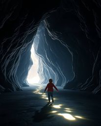 A child strikes a heroic pose, embarking on an epic adventure within a vast, futuristic cave. They follow a trail of glowing 