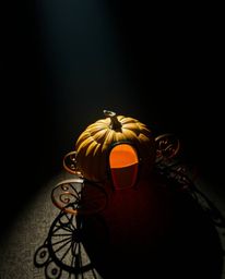 A captivating high-angle photograph depicts a magical pumpkin transforming into a carriage, bathed in strong, hard light.  Ha