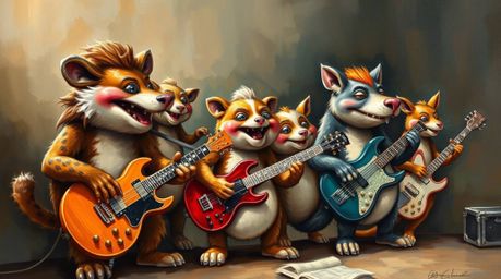 A captivating oil painting depicts a lively band of cartoon animals passionately playing rock music. The artwork boasts a rea