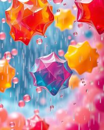 Explore an intricate world where origami meets fluid dynamics. Immerse yourself in a wet, rainy scene featuring floating 3D b