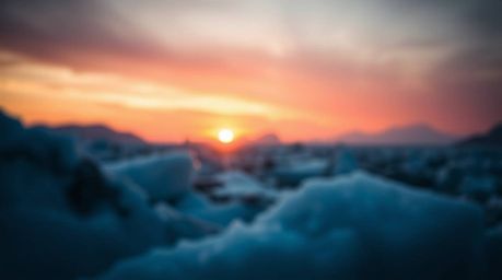 Capture the breathtaking beauty of a sunset over icy glaciers in the polar region. This photograph showcases a mesmerizing bl