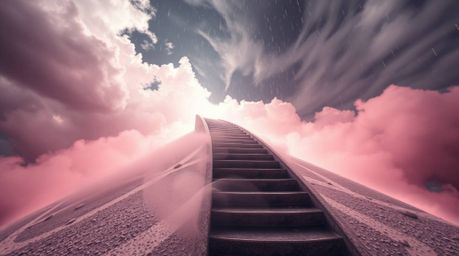 A captivating surreal infrared image depicts a winding stairway composed of smoke and light ascending into a vast, cloudy sky