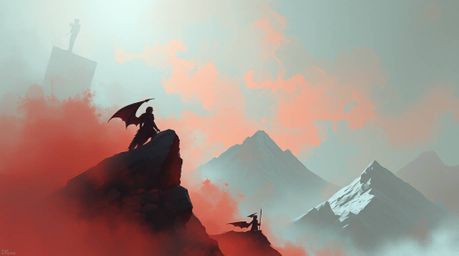 A captivating digital painting showcases a dragon and its rider soaring above icy peaks.  Rendered in surreal infrared tones 