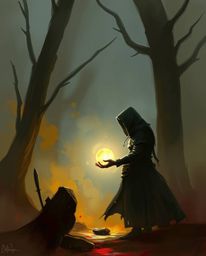 A dynamic digital sketch captures a cloaked figure in a misty, atmospheric forest, holding a glowing orb. The artwork utilize