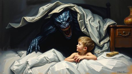 A captivating classic oil painting depicts a unique friendship between a child and a monster under the bed.  The artwork feat