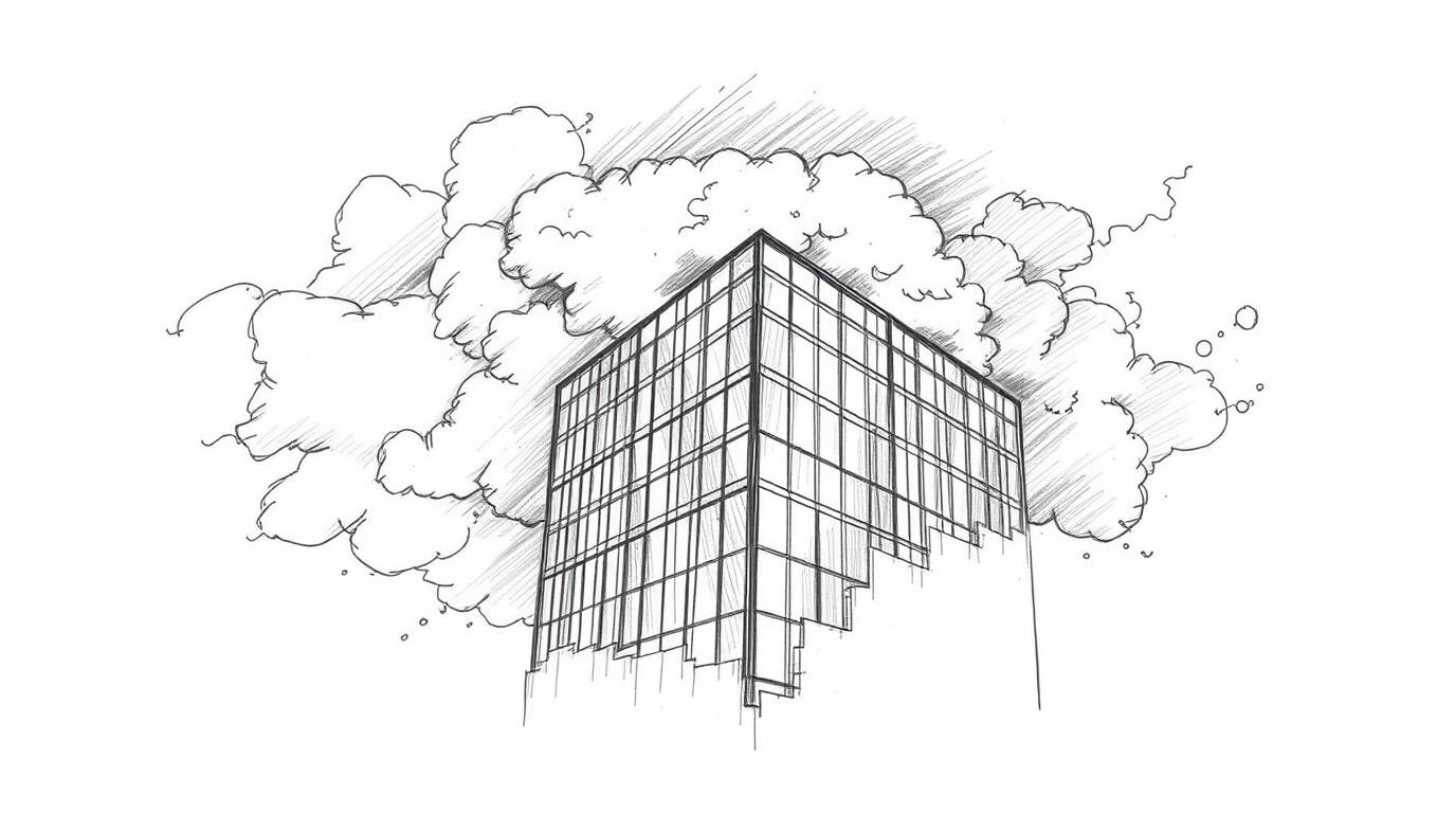 This captivating hand-drawn sketch depicts a modern glass building seamlessly dissolving into a dramatic and stormy sky. Soft