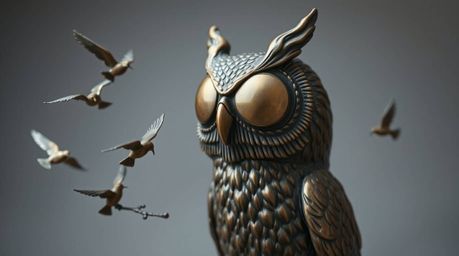 A captivating cast bronze sculpture depicting a blind owl in the style of Pixar, dedicatedly teaching birds how to fly. The o