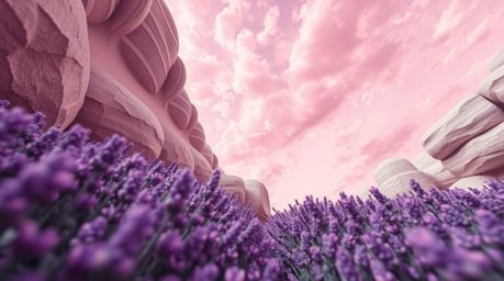Experience the breathtaking beauty of lavender fields bathed in the glow of a dreamy pink sky, captured from a dramatic low-a
