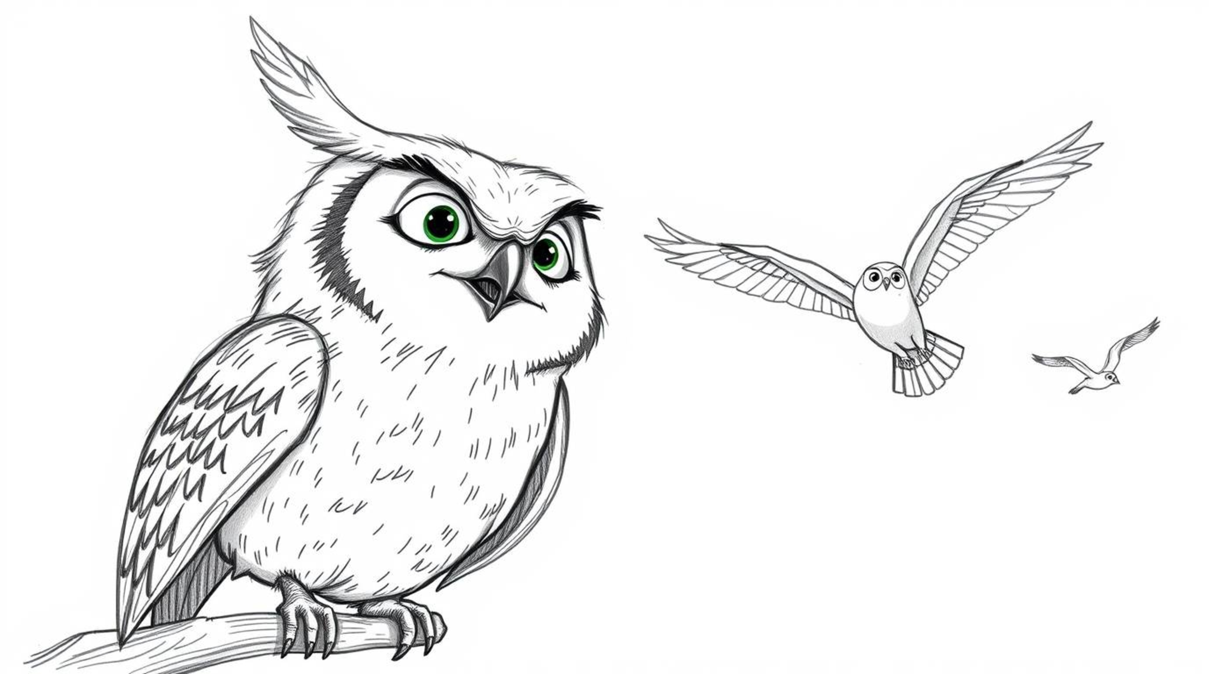 A heartwarming hand-drawn sketch in Pixar style depicting a wise, blind owl teacher joyfully watching its students soaring th