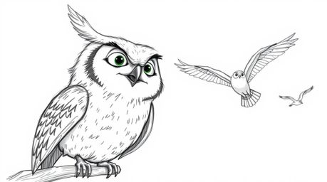 A heartwarming hand-drawn sketch in Pixar style depicting a wise, blind owl teacher joyfully watching its students soaring th