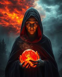 A cloaked figure with deep-set eyes and pale skin stands amidst a misty forest, holding a glowing orb that illuminates the dr